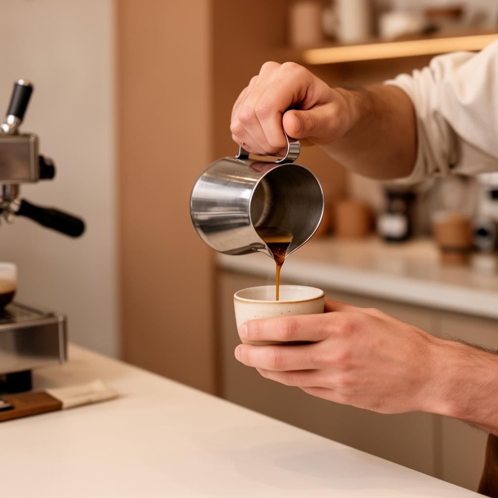 Barista preparando un espresso en una barra de cafetería