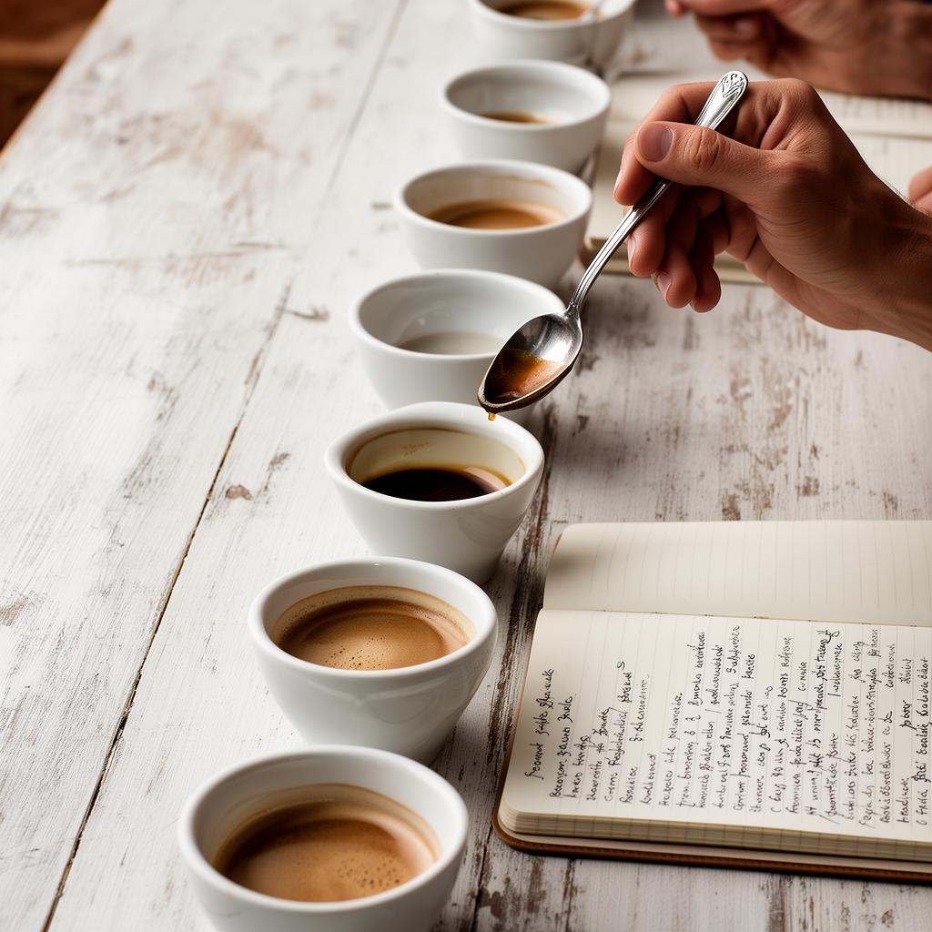 Sesión de catación de café con tazas blancas y libreta