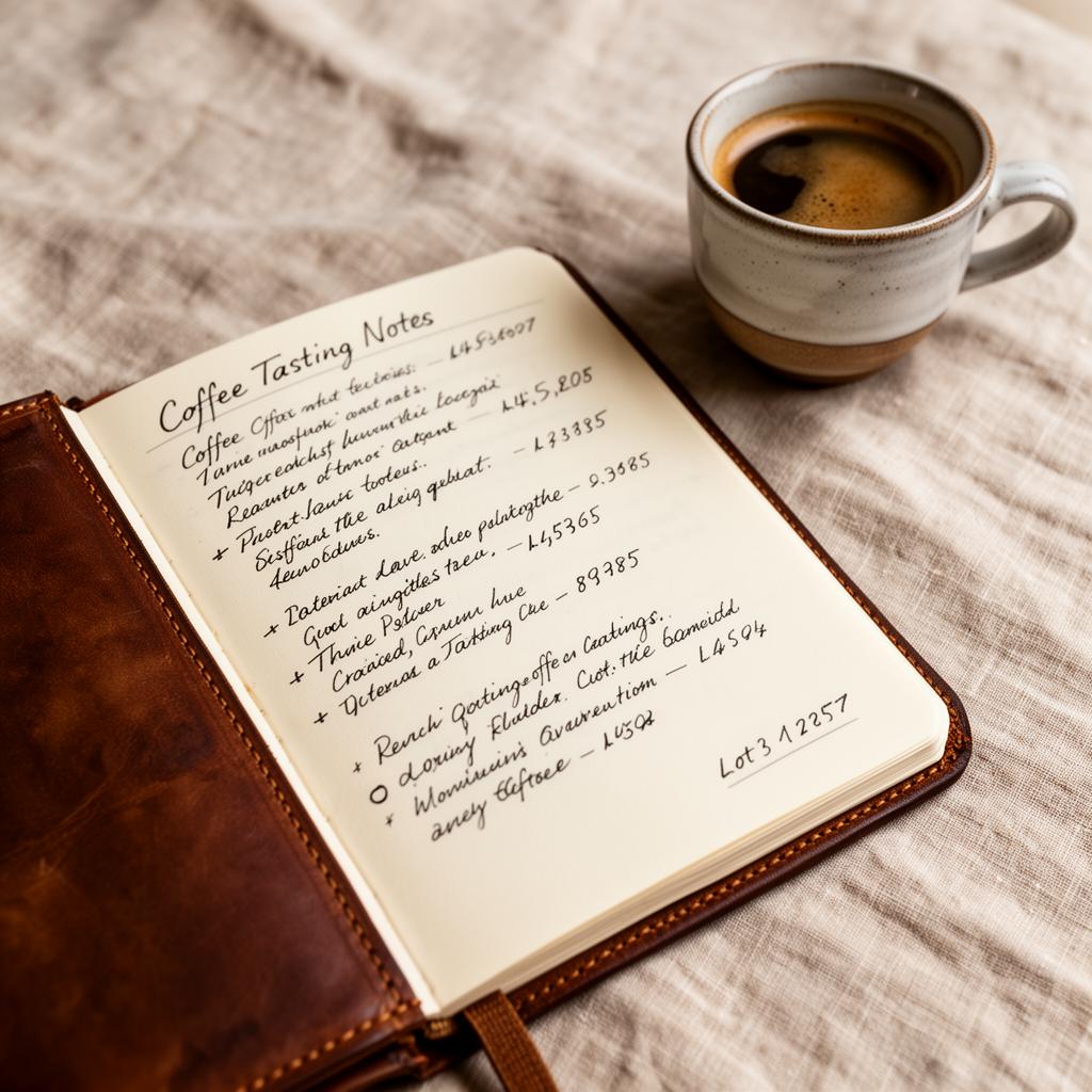 Libreta con notas de catación junto a una taza de café