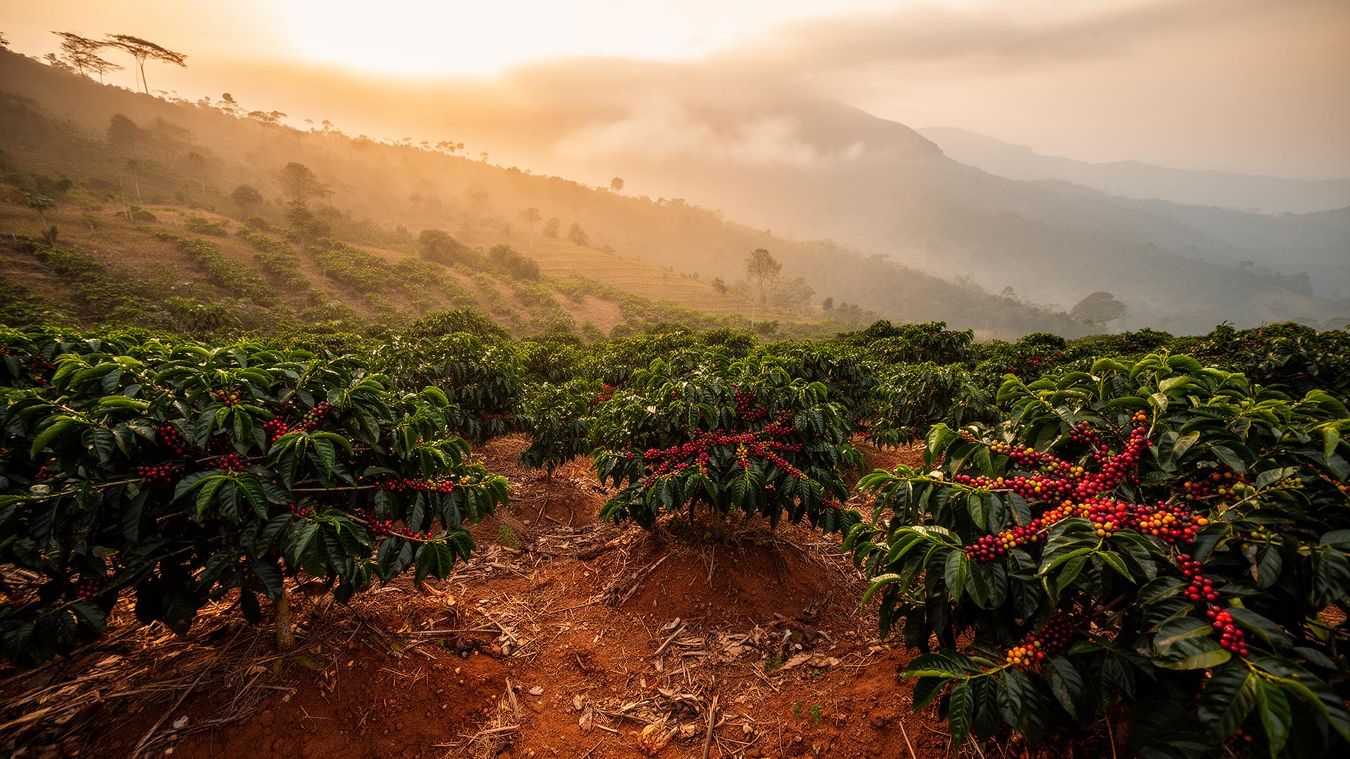 Paisaje de finca de café en montaña al amanecer