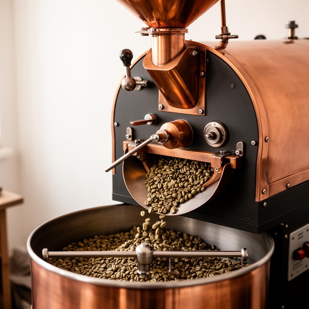 Tostadora de café con grano verde cayendo al tambor