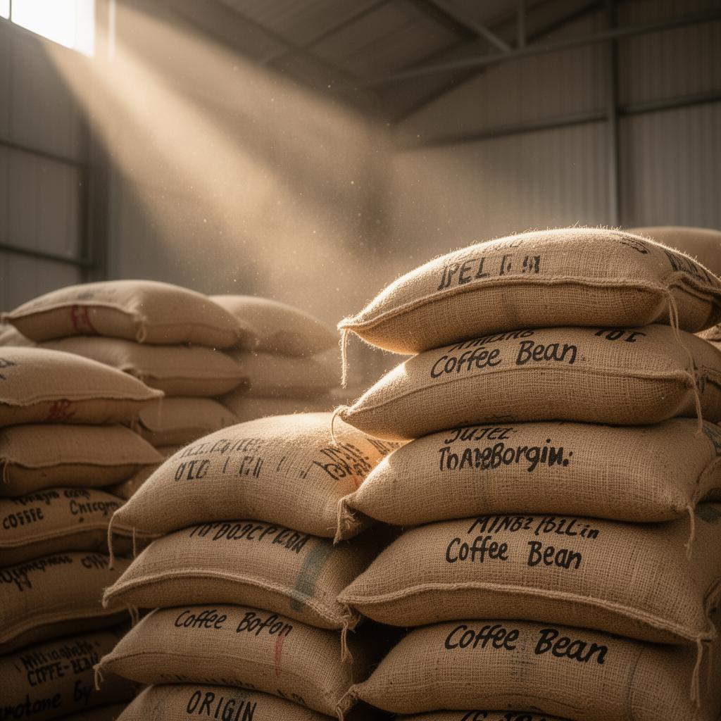 Costales de café con etiquetas de origen apilados en bodega